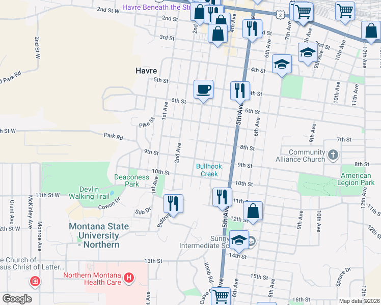 map of restaurants, bars, coffee shops, grocery stores, and more near 800 3rd Avenue in Havre