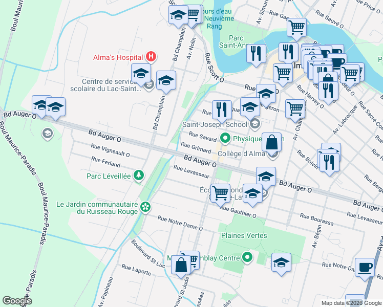 map of restaurants, bars, coffee shops, grocery stores, and more near 1095 Boulevard Auger Ouest in Alma