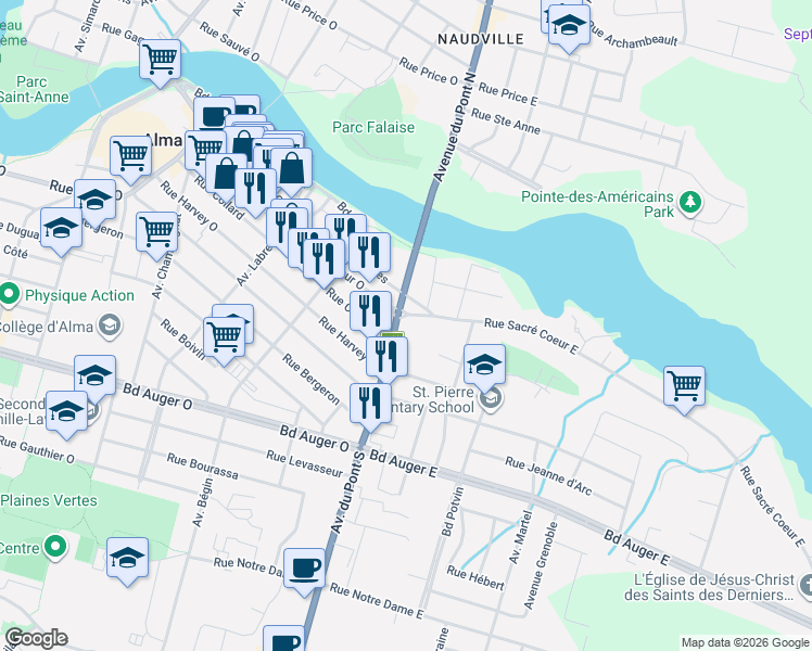 map of restaurants, bars, coffee shops, grocery stores, and more near 1 Avenue du Pont Sud in Alma
