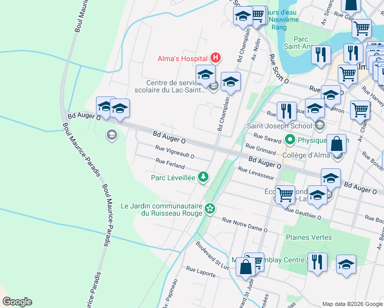map of restaurants, bars, coffee shops, grocery stores, and more near 1325 Rue Vigneault Ouest in Alma