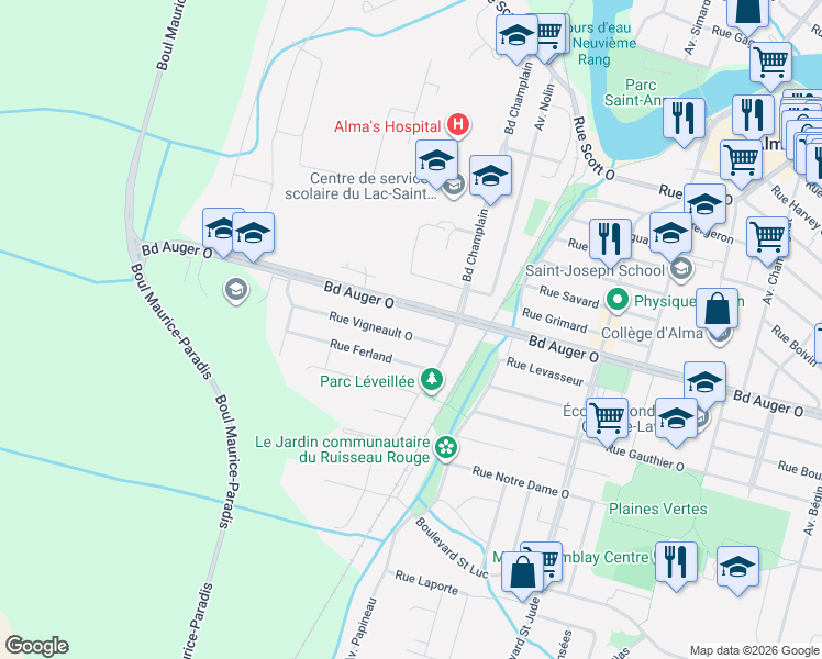 map of restaurants, bars, coffee shops, grocery stores, and more near 1325 Rue Vigneault Ouest in Alma