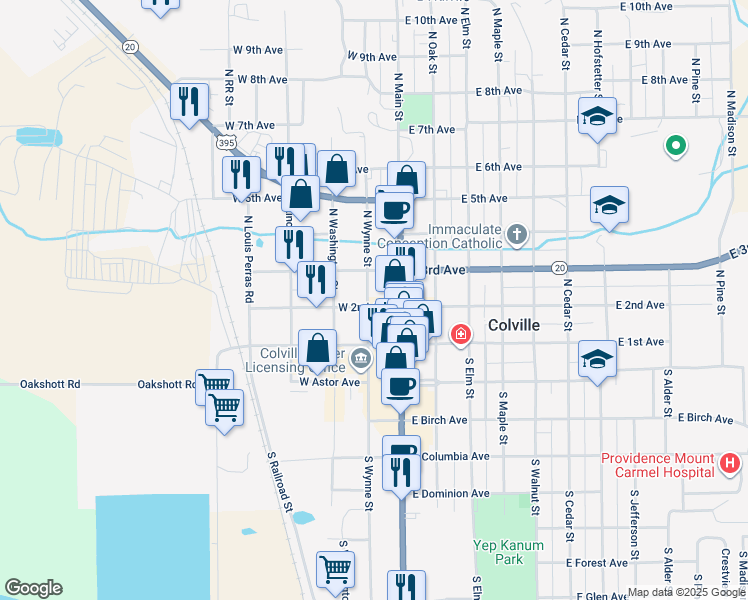 map of restaurants, bars, coffee shops, grocery stores, and more near 216 North Wynne Street in Colville