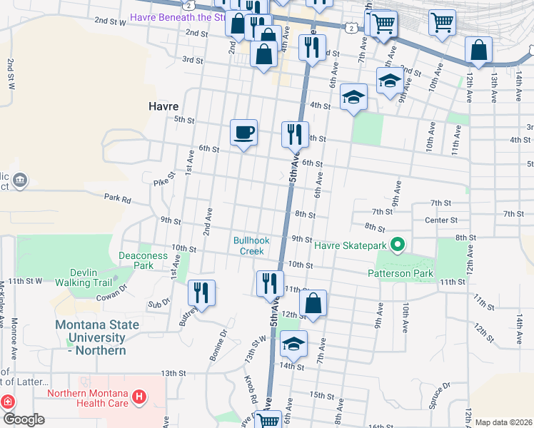 map of restaurants, bars, coffee shops, grocery stores, and more near 352-398 8th Street in Havre