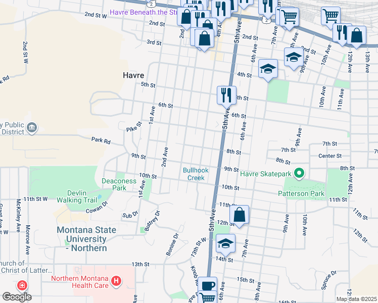 map of restaurants, bars, coffee shops, grocery stores, and more near 800 3rd Avenue in Havre