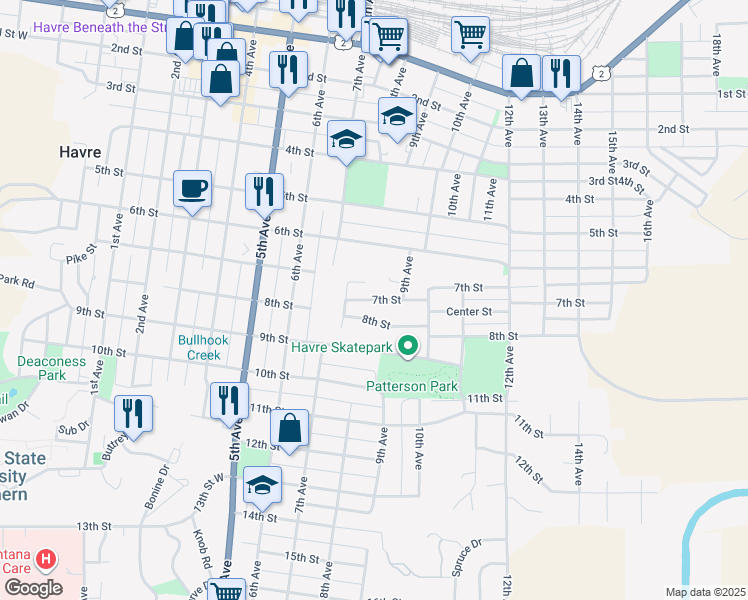 map of restaurants, bars, coffee shops, grocery stores, and more near 7th Street in Havre