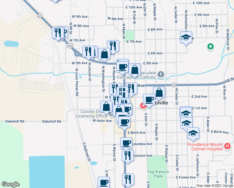 map of restaurants, bars, coffee shops, grocery stores, and more near 216 North Wynne Street in Colville