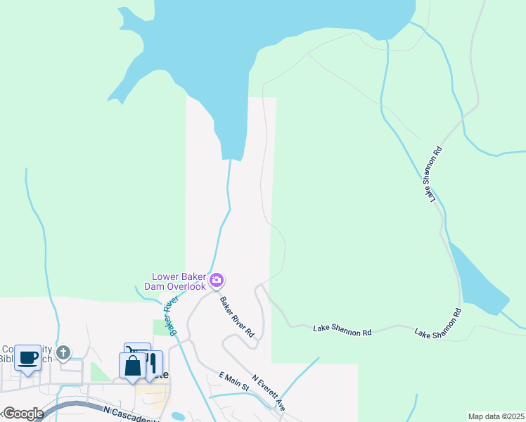 map of restaurants, bars, coffee shops, grocery stores, and more near Baker River Road in Concrete
