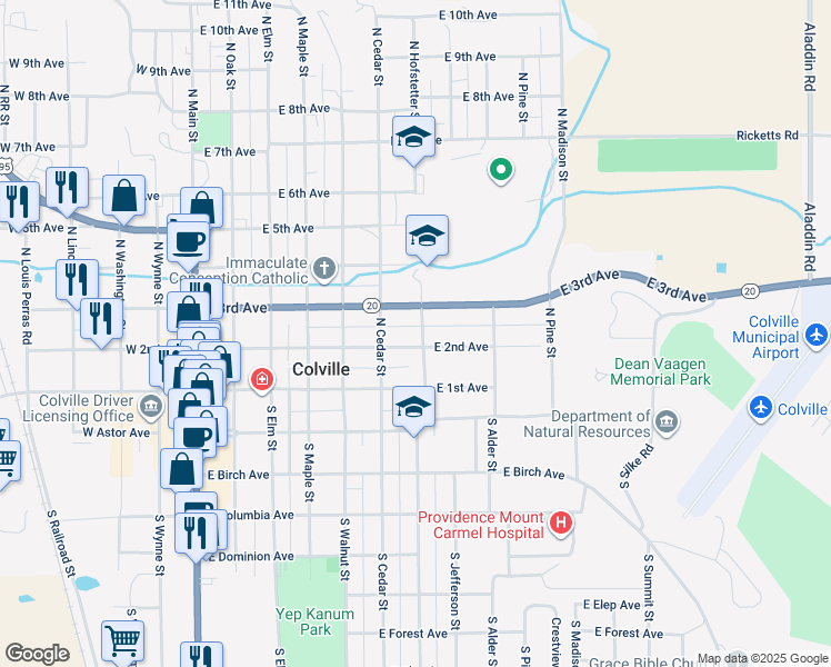 map of restaurants, bars, coffee shops, grocery stores, and more near 217 North Hofstetter Street in Colville