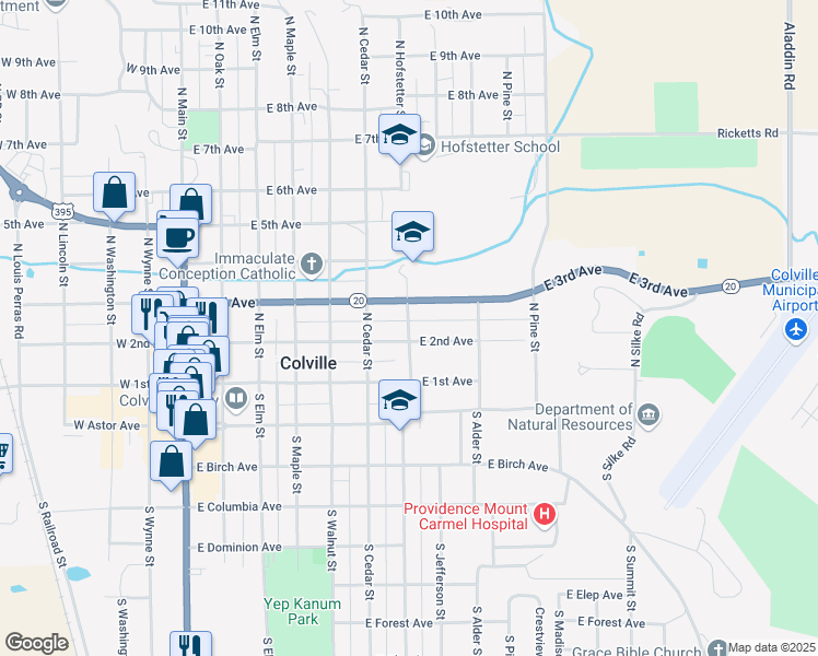 map of restaurants, bars, coffee shops, grocery stores, and more near 217 North Hofstetter Street in Colville