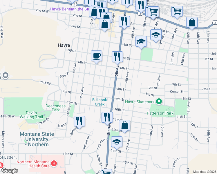 map of restaurants, bars, coffee shops, grocery stores, and more near 429 8th Street in Havre