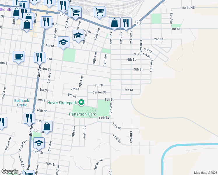 map of restaurants, bars, coffee shops, grocery stores, and more near 710 12th Avenue in Havre