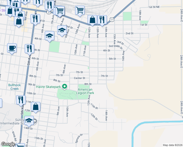 map of restaurants, bars, coffee shops, grocery stores, and more near 1235 7th Street in Havre