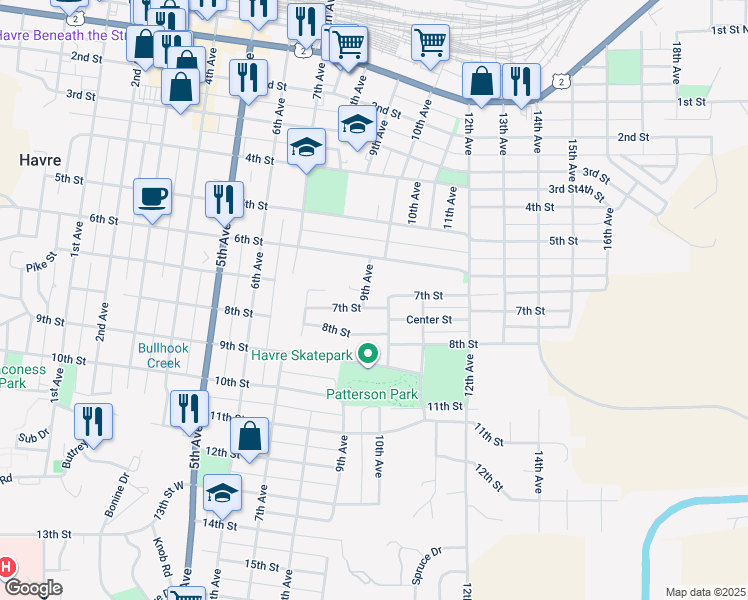 map of restaurants, bars, coffee shops, grocery stores, and more near 901 7th Street in Havre