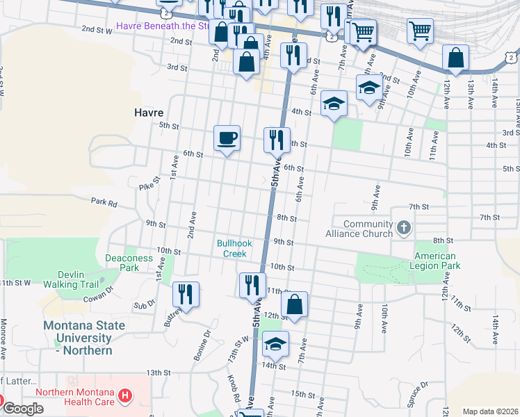 map of restaurants, bars, coffee shops, grocery stores, and more near 429 8th Street in Havre