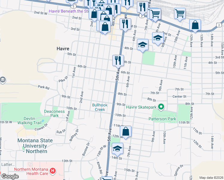map of restaurants, bars, coffee shops, grocery stores, and more near 429 8th Street in Havre