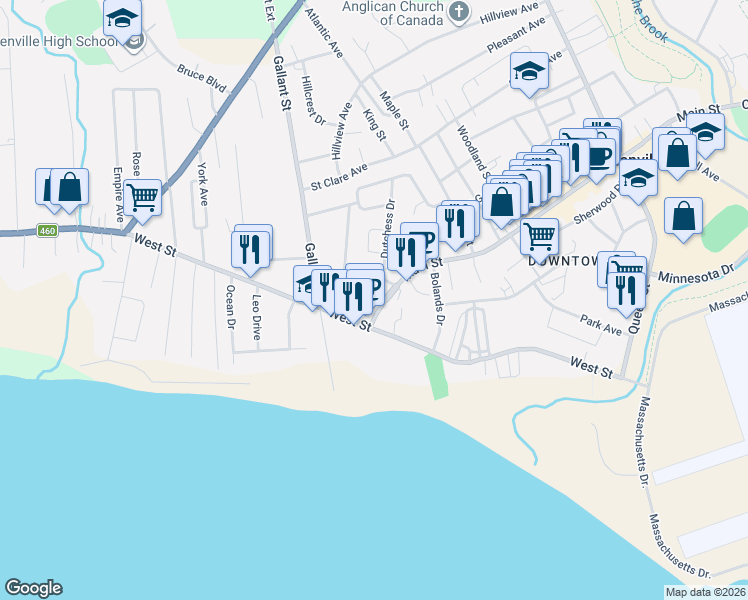 map of restaurants, bars, coffee shops, grocery stores, and more near 1 Main Street in Stephenville