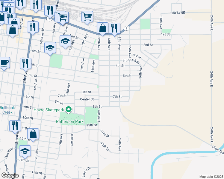 map of restaurants, bars, coffee shops, grocery stores, and more near 7th Street in Havre