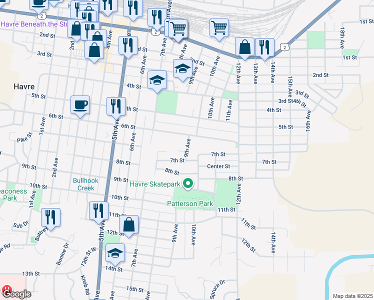 map of restaurants, bars, coffee shops, grocery stores, and more near 901 7th Street in Havre