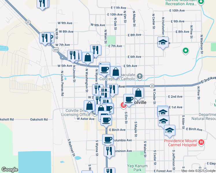 map of restaurants, bars, coffee shops, grocery stores, and more near in Colville