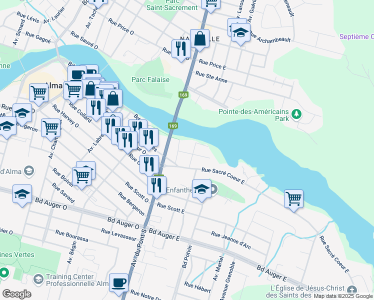 map of restaurants, bars, coffee shops, grocery stores, and more near 71 Rue du Carcajou in Alma