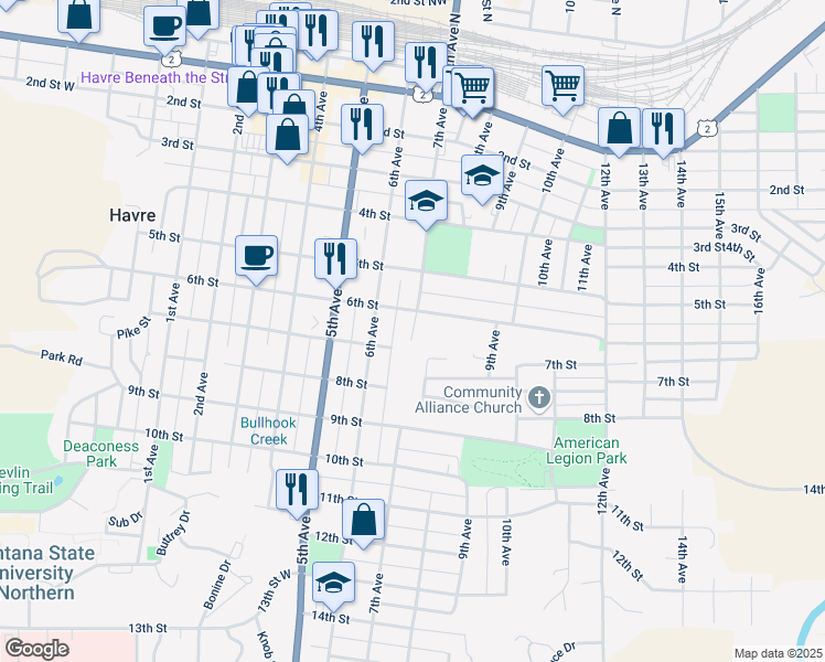map of restaurants, bars, coffee shops, grocery stores, and more near 711 6th Street in Havre