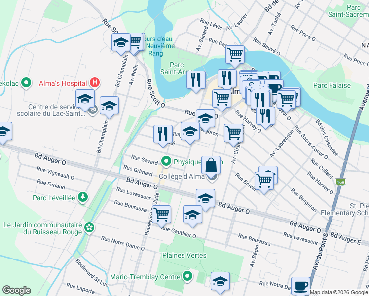 map of restaurants, bars, coffee shops, grocery stores, and more near 830 Rue Côté in Alma