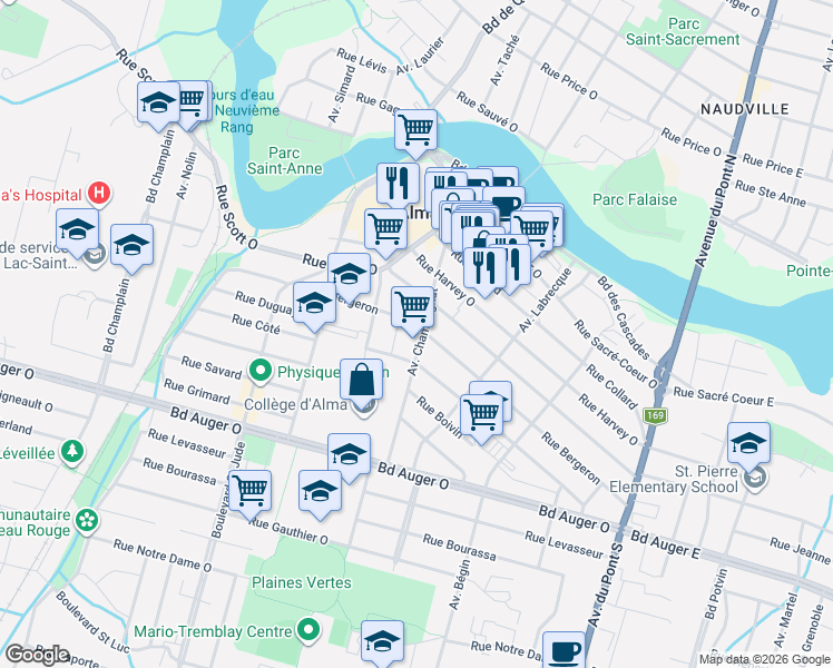 map of restaurants, bars, coffee shops, grocery stores, and more near 360 Rue Bergeron in Alma