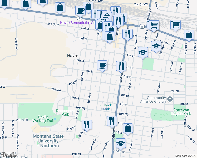 map of restaurants, bars, coffee shops, grocery stores, and more near 626 3rd Avenue in Havre
