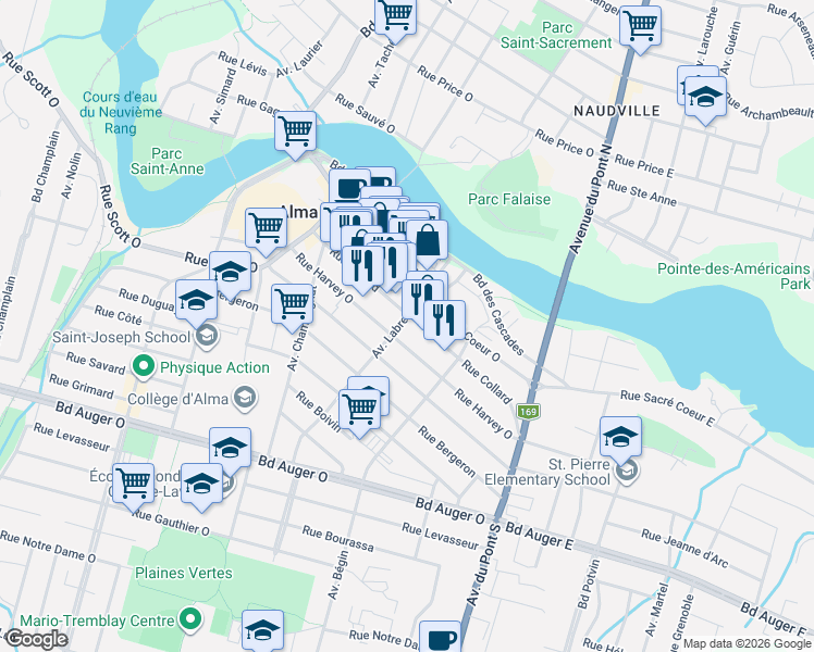map of restaurants, bars, coffee shops, grocery stores, and more near 390 Rue Collard in Alma