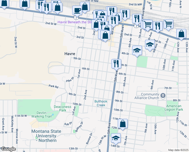 map of restaurants, bars, coffee shops, grocery stores, and more near 626 3rd Avenue in Havre