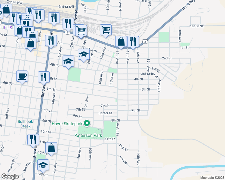 map of restaurants, bars, coffee shops, grocery stores, and more near 1108 5th Street in Havre