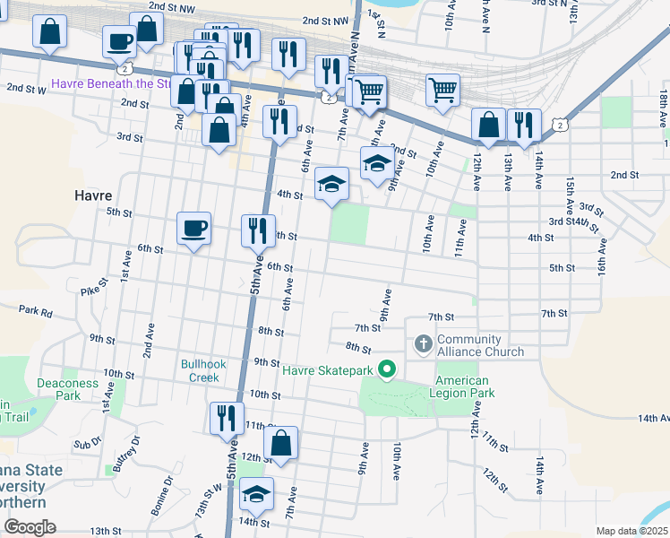 map of restaurants, bars, coffee shops, grocery stores, and more near 711 6th Street in Havre