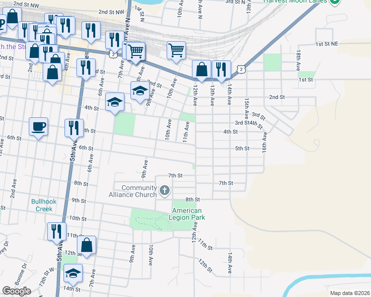 map of restaurants, bars, coffee shops, grocery stores, and more near 1108 5th Street in Havre