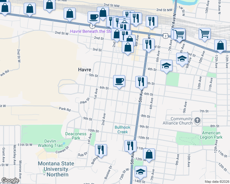 map of restaurants, bars, coffee shops, grocery stores, and more near 626 3rd Avenue in Havre