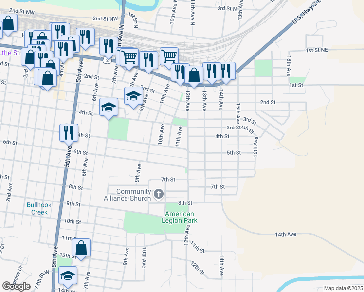 map of restaurants, bars, coffee shops, grocery stores, and more near 1108 5th Street in Havre