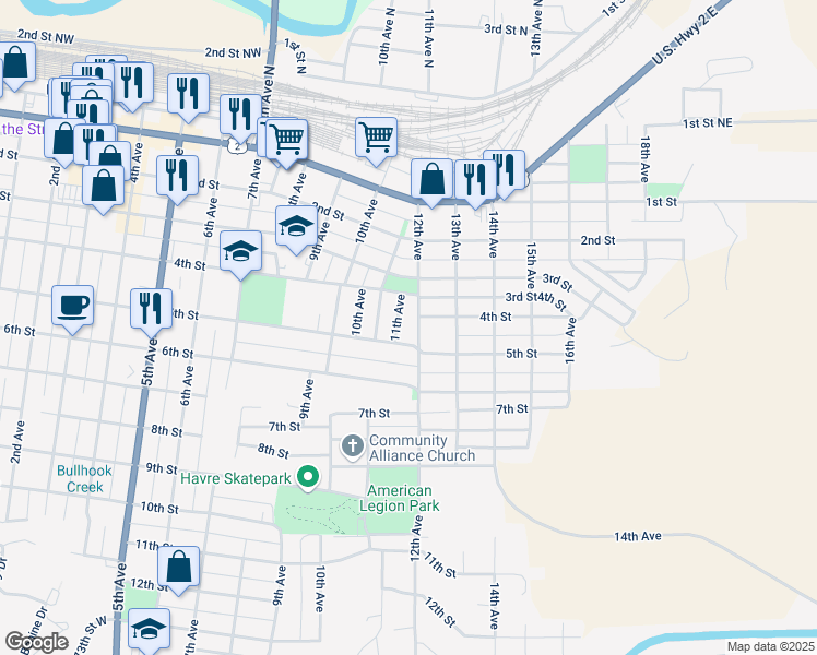 map of restaurants, bars, coffee shops, grocery stores, and more near 1100-1198 3rd Street in Havre