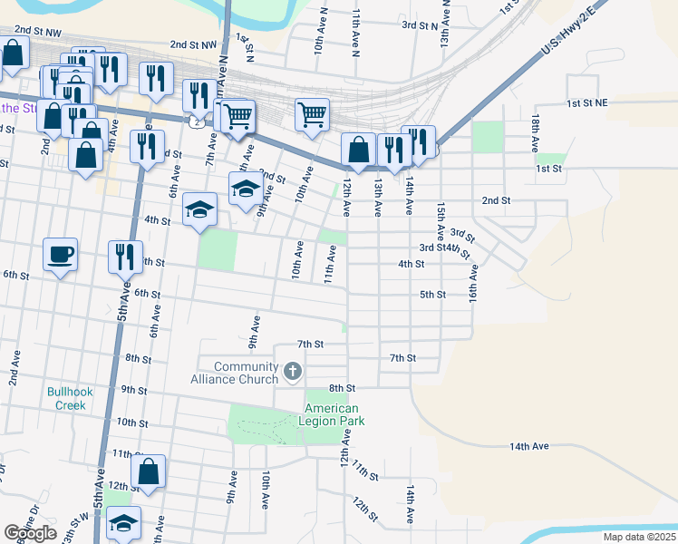 map of restaurants, bars, coffee shops, grocery stores, and more near 1100-1198 3rd Street in Havre