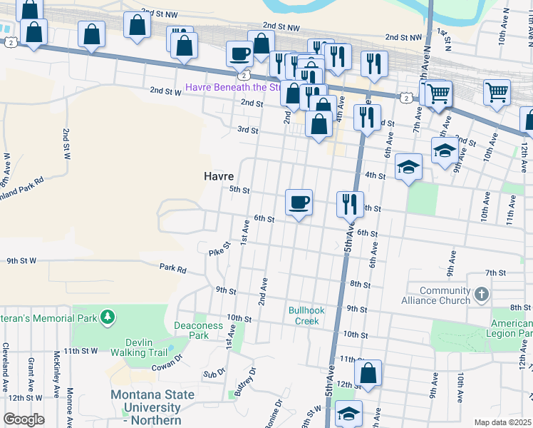 map of restaurants, bars, coffee shops, grocery stores, and more near 532 2nd Avenue in Havre