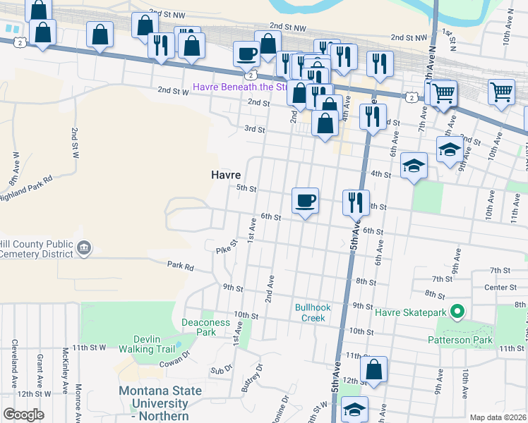 map of restaurants, bars, coffee shops, grocery stores, and more near in Havre