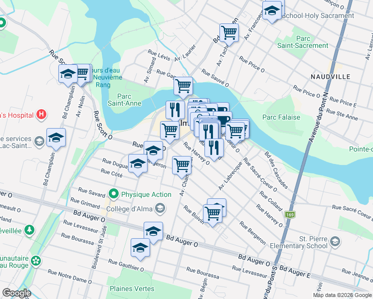 map of restaurants, bars, coffee shops, grocery stores, and more near 654 Rue Harvey Ouest in Alma