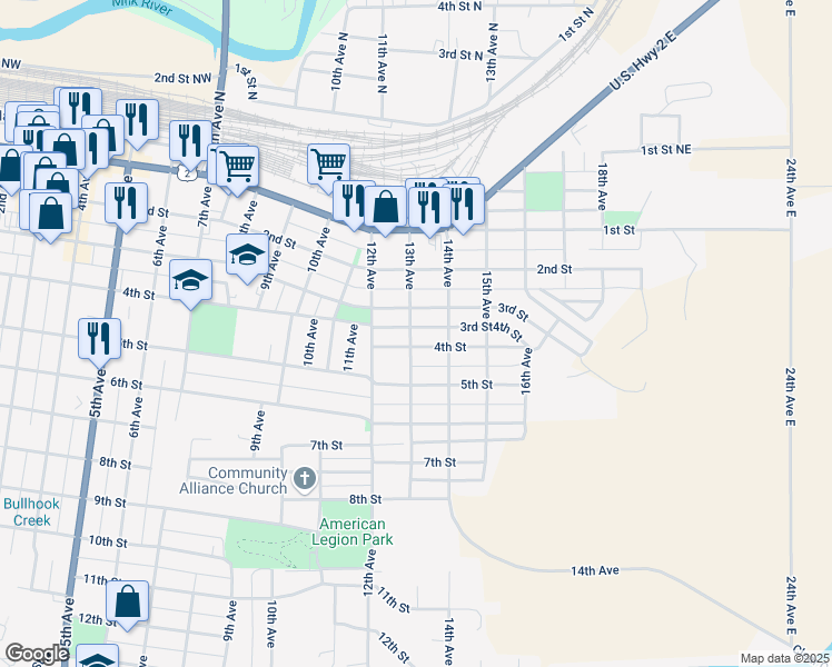 map of restaurants, bars, coffee shops, grocery stores, and more near 1319 4th Street in Havre