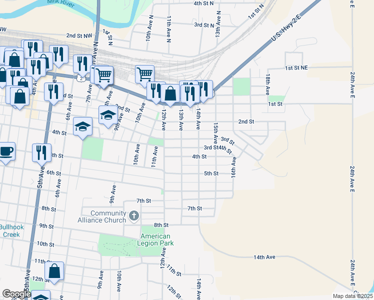 map of restaurants, bars, coffee shops, grocery stores, and more near 1319 4th Street in Havre