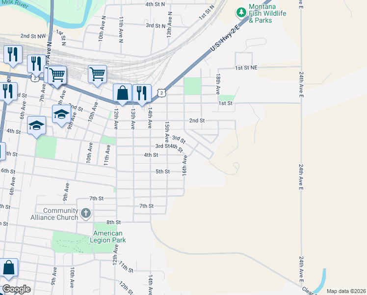 map of restaurants, bars, coffee shops, grocery stores, and more near 1525 4th Street in Havre