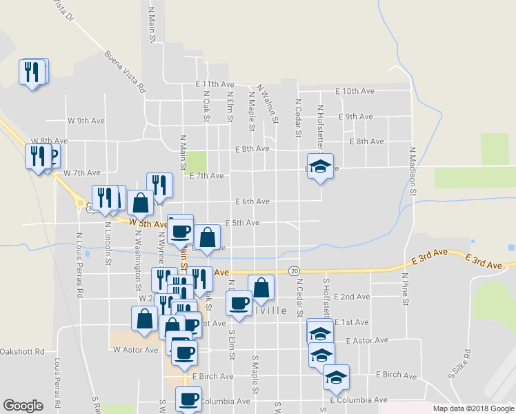 map of restaurants, bars, coffee shops, grocery stores, and more near 570 North Maple Street in Colville