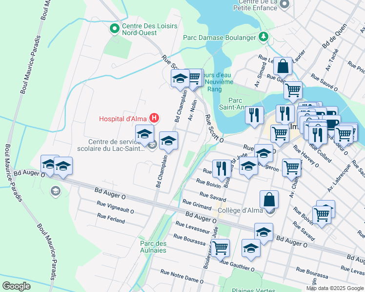 map of restaurants, bars, coffee shops, grocery stores, and more near Avenue Nolin in Alma