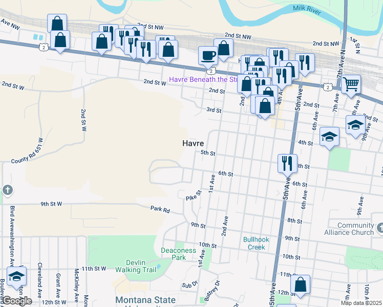 map of restaurants, bars, coffee shops, grocery stores, and more near 506 Montana Avenue in Havre