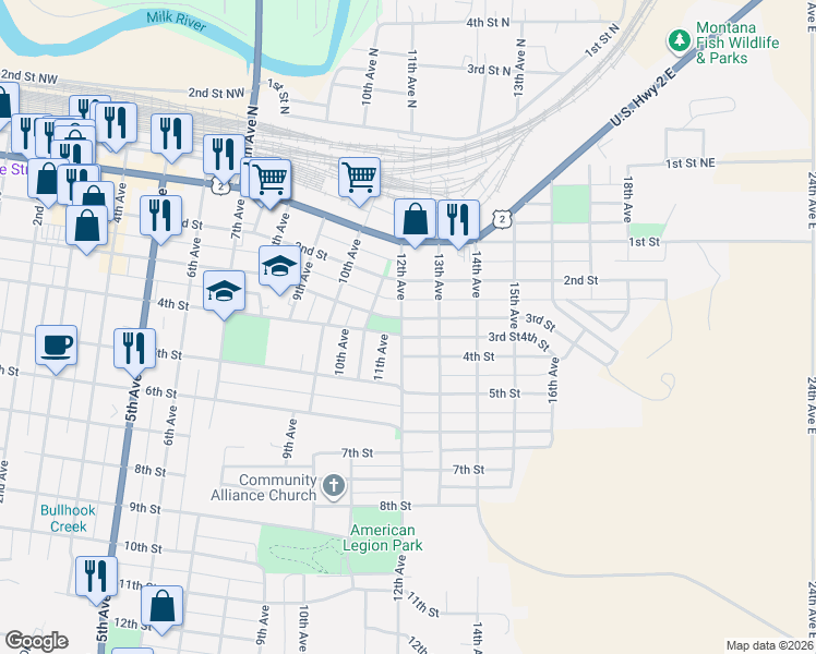 map of restaurants, bars, coffee shops, grocery stores, and more near 1221 4th Street in Havre
