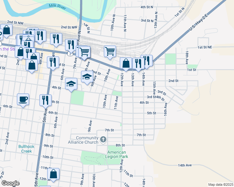 map of restaurants, bars, coffee shops, grocery stores, and more near 1100 3rd Street in Havre