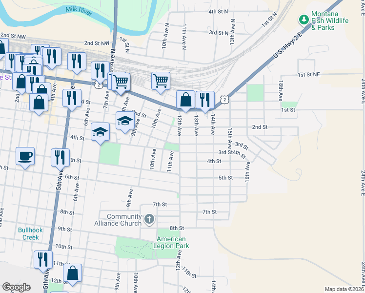 map of restaurants, bars, coffee shops, grocery stores, and more near 1221 4th Street in Havre