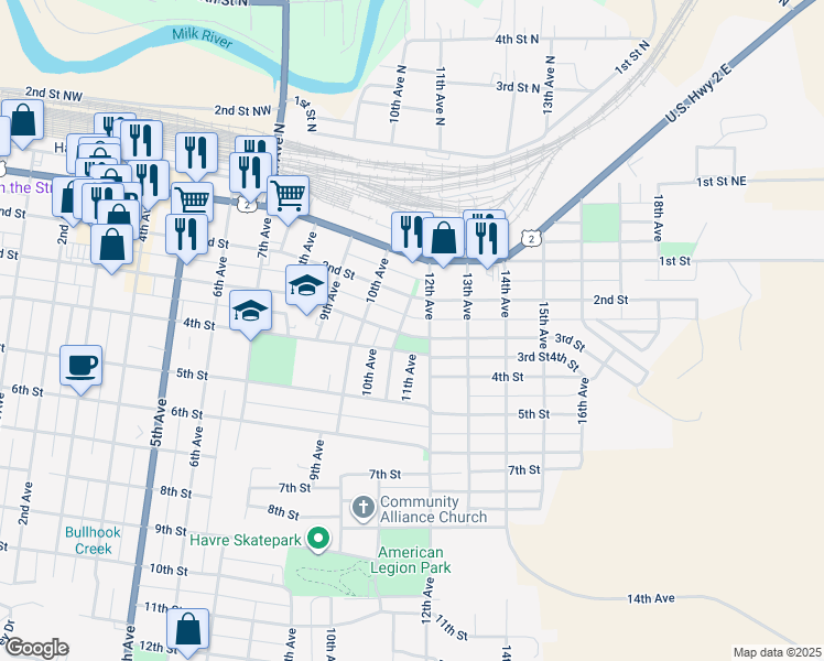 map of restaurants, bars, coffee shops, grocery stores, and more near 223 11th Avenue in Havre